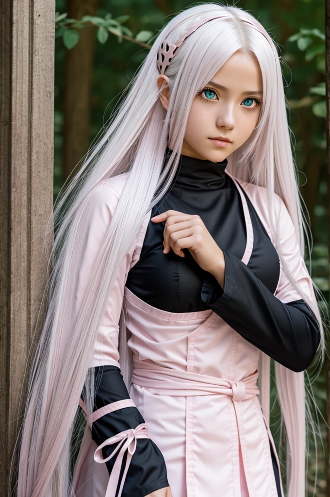  girl, light pink eyes, long white hair, in konoha ninja set, beautiful,Naruto style