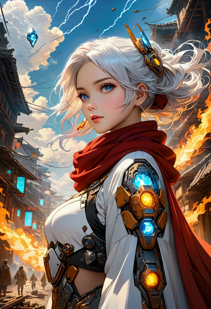 Beautiful girl wearing cyberpunk style mecha, (Flying in the sky), cape, scarf, Long white hair,Hair accessories, electricity，flame，ice，gem，cloud, Metal Material，Wood texture, Depth of Field, Blurred background, A fusion of aesthetics and dynamics+ Wide-angle lens +(masterpiece, Top quality, best quality, Official Art, beautiful and aesthetic:1.2), rich and colorful, Glowing skin,