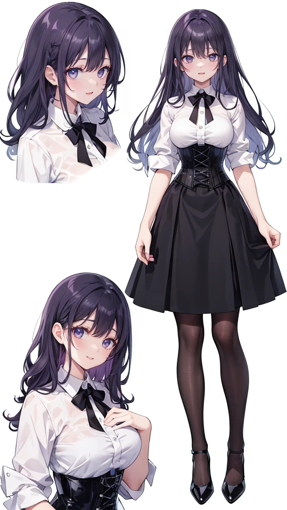 Purple Hair,long hair,Adult female,(suit),White Y-shirt,((Rolling up his sleeves)),(corset),(Black tight skirt),(High heels),Heels are visible,((Simple white background)),smile,((whole body)),((full body)),Character Sheet,
