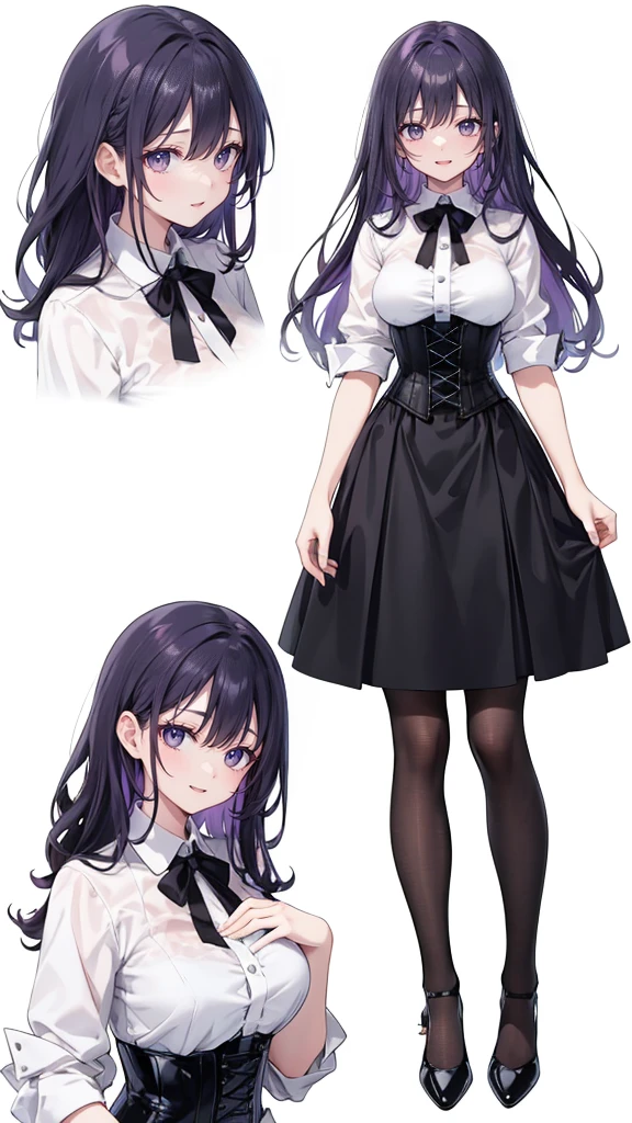 Purple Hair,long hair,Adult female,(suit),White Y-shirt,((Rolling up his sleeves)),(corset),(Black tight skirt),(High heels),Heels are visible,((Simple white background)),smile,((whole body)),((full body)),Character Sheet,