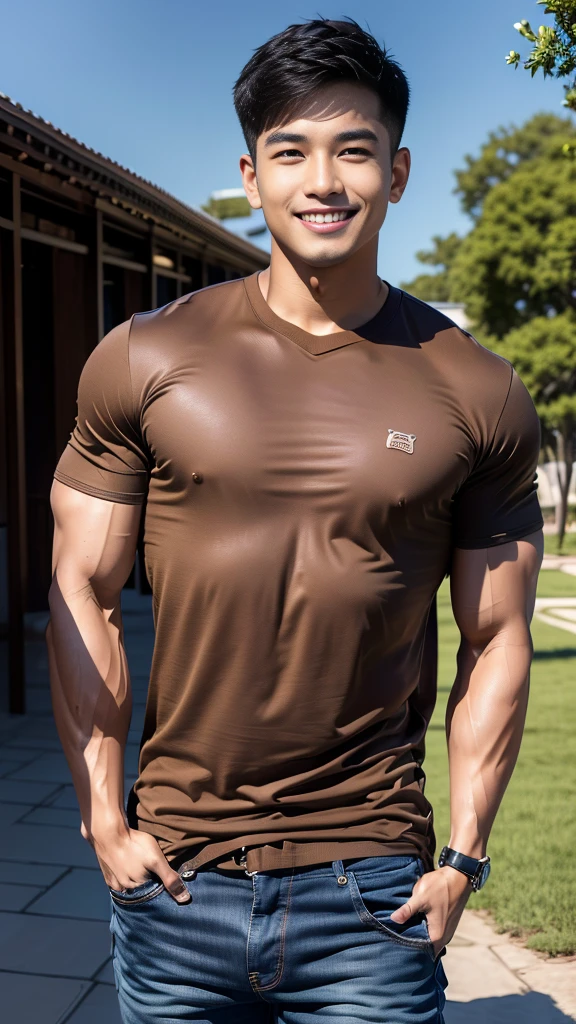 man , Brown t-shirt, jeans, black short hair , outdoor , cute smile , หน้าhandsomeแบบเกาหลีสมจริง , modest muscles , Masterpiece、High resolution、Surreal、detailed face、alone、man、Glowing skin、(Asia)、handsome、tall building background