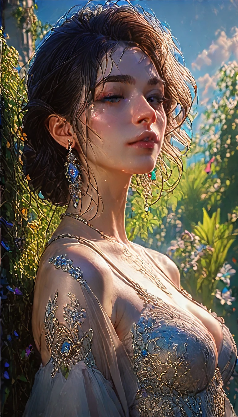 A young Caucasian woman in a lush garden, dancing with a very short, loosely tied white pareo accentuating her curves, her medium-sized breasts with small nipples visible, slim waist, detailed face and eyes, realistic, photorealistic, 8k, masterpiece, extremely detailed, vivid colors, studio lighting, intricate details, dynamic movement, rain, sensual atmosphere, no umbrella