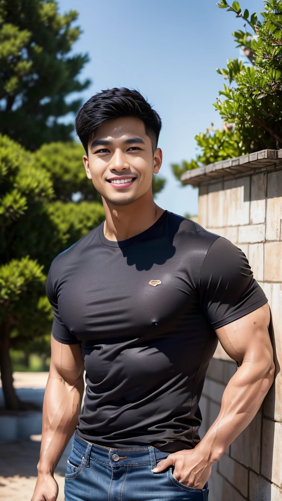 man , Brown t-shirt, jeans, black short hair , outdoor , cute smile , หน้าhandsomeแบบเกาหลีสมจริง , modest muscles , Masterpiece、High resolution、Surreal、detailed face、alone、man、Glowing skin、(Asia)、handsome、tall building background