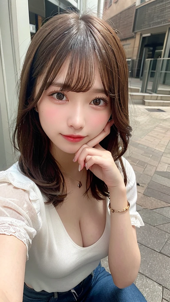 highest quality, shape, Very detailed, finely, High resolution, 8k wallpaper, Perfect dynamic shape, Beautiful and detailed, Summer clothes,Medium Hair,Natural color lip,smile,20-year-old girl、Midnight、Beautiful and elaborate face、Perfect and beautiful face、Slim face and figure,spread your arms wide,Big eyes,Take a photo with your face raised from below your knees、Small face、Beautifully detailed face、Perfect and beautiful double eyelids、Big cleavage、Long, Slender legs、One Woman、gravure、Skinny jeans、Watching the audience、runVery long hair, Blushing,