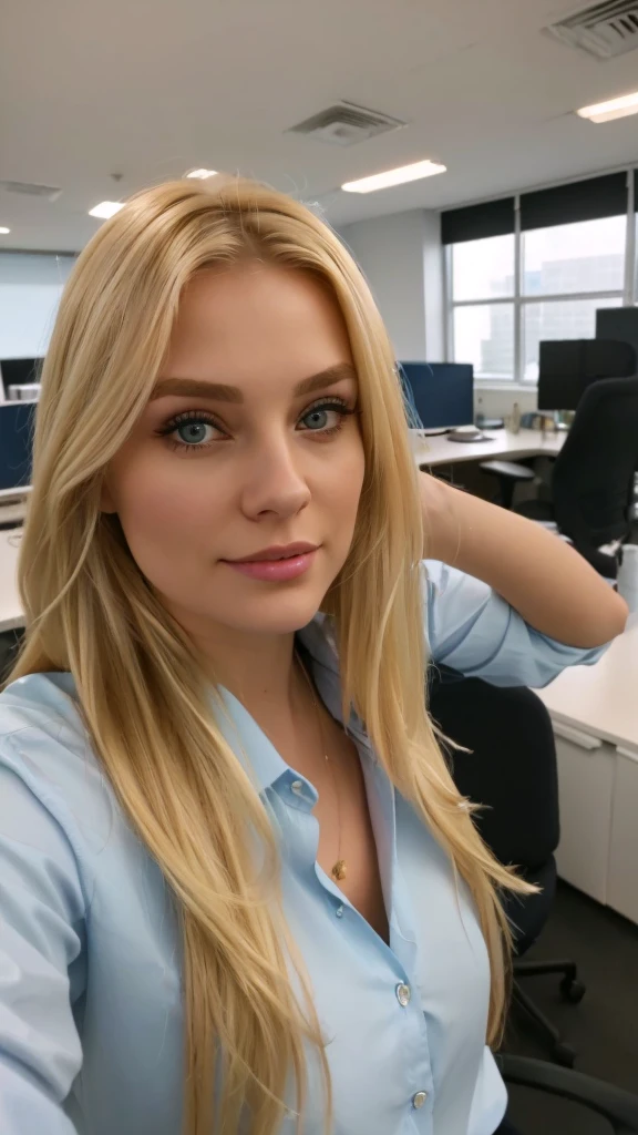 Blonde woman in a blue shirt taking a selfie in the office, blonde hair and big eyes, 35 years old, in the office, aleksandra waliszewska, anastasia ovchinnikova, anna nikonova aka newmilky, professional profile photo, headshot profile photo, olya bossak, long blonde hair and big eyes, sat at her desk, alexa grace