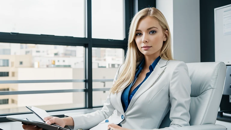 Very attractive blonde woman in an expensive business suit. blue eyes, facing the camera. In an expensive appartment. Sitting in an office chair, facing the camera.