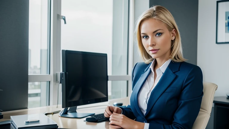Very attractive blonde woman in an expensive business suit. blue eyes, facing the camera. In an expensive appartment. Sitting in an office chair, facing the camera.