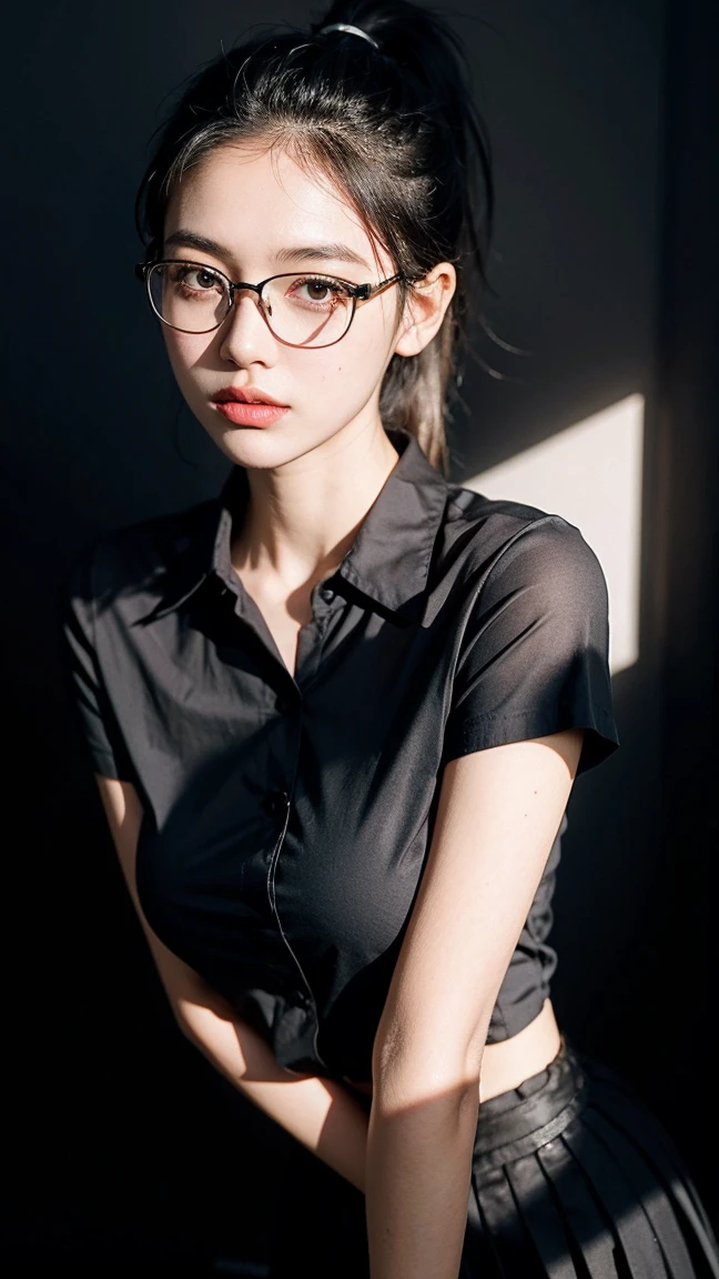 ((best quality)), ((Masterpiece)), (details), perfect face, beautiful body, beautiful face,  Girls, perfect body, detailsสูงเป็นพิเศษ, Optical Realism, Intimate atmosphere, light flows, Straight black hair, ponytail, glasses, wear office clothes, black shirt, black skirt, Unbuttoned shirt, black gray background