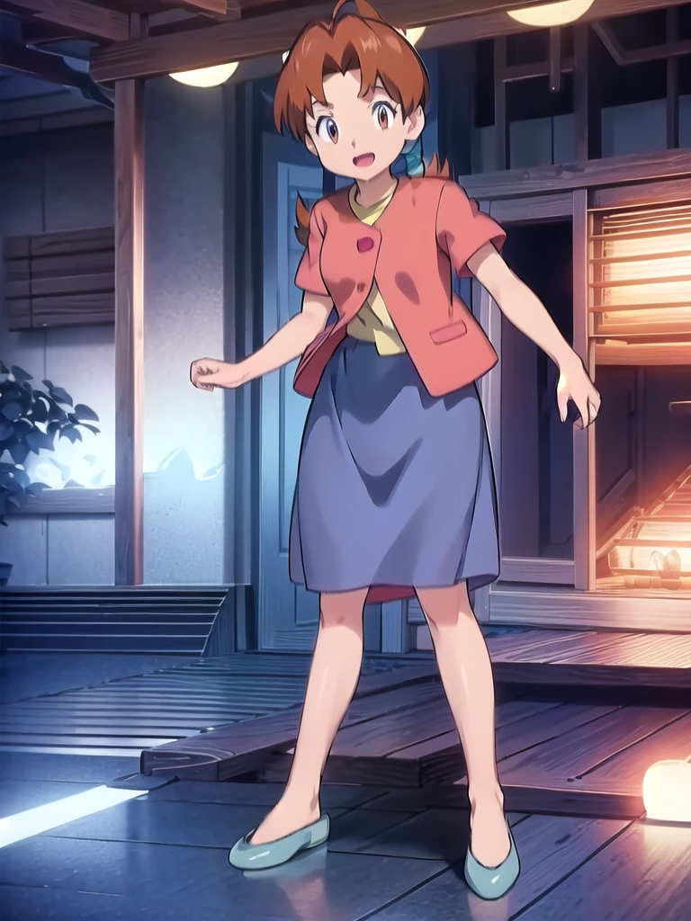 Delia_Ketchum 1girl, full body, looking at viewer, :d, open mouth, (extremely detailed CG unity 8k wallpaper), (masterpiece), (best quality), (ultra-detailed), (best illustration), (best shadow), (absurdres), finely detail, skirt, shirt, blue skirt, long skirt, pink shirt, slippers,