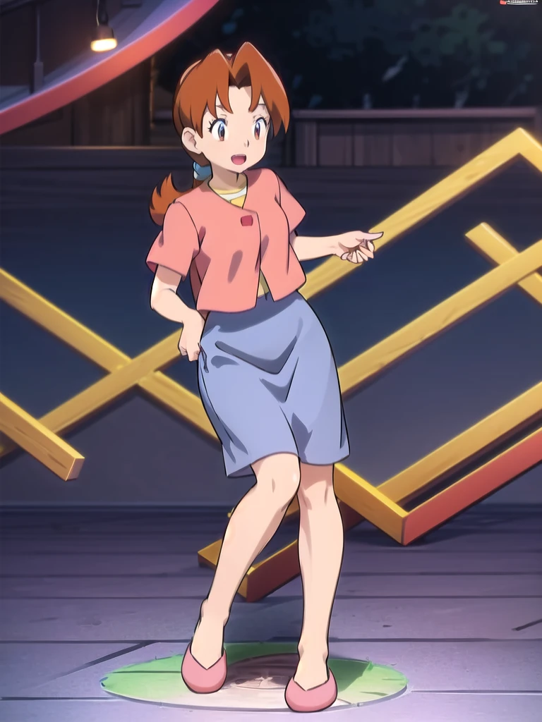 Delia_Ketchum 1girl, full body, looking at viewer, :d, open mouth, (extremely detailed CG unity 8k wallpaper), (masterpiece), (best quality), (ultra-detailed), (best illustration), (best shadow), (absurdres), finely detail, skirt, shirt, blue skirt, long skirt, pink shirt, slippers,