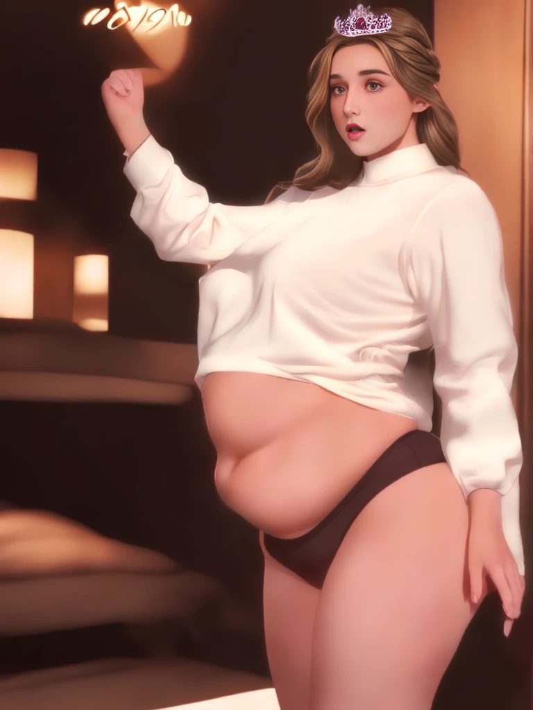 il y a une femme en chemise blanche et culotte noire qui pose, she has a round and big belly, thick, bbwchan, her belly is big and round, sultry body with sexy belly, attractive plus size model, her navel is exposed, hyperrealistic complete figure, corps thick, large stomach, curved model