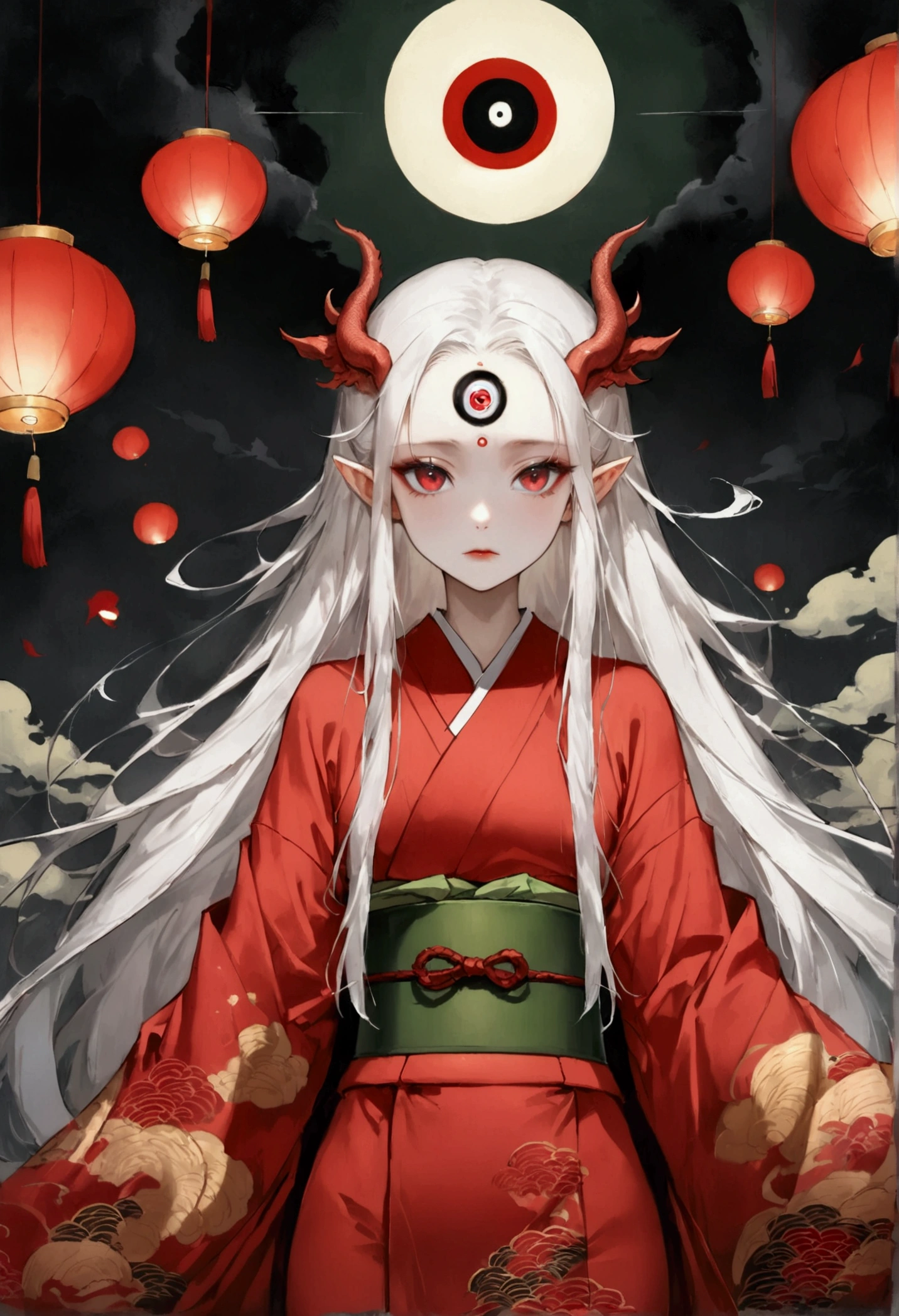 Art Illustration，Dark Style，(((Little Dragon Girl，独奏，third eye on the forehead，White long hair - long hair))),(((Gorgeous Japanese red kimono：1.6，Eye Diagram，Dark Pattern))).(((Thin waist，Greenbelt：1.37)))whole body，Paper lanterns in the sky，Kongming Lantern