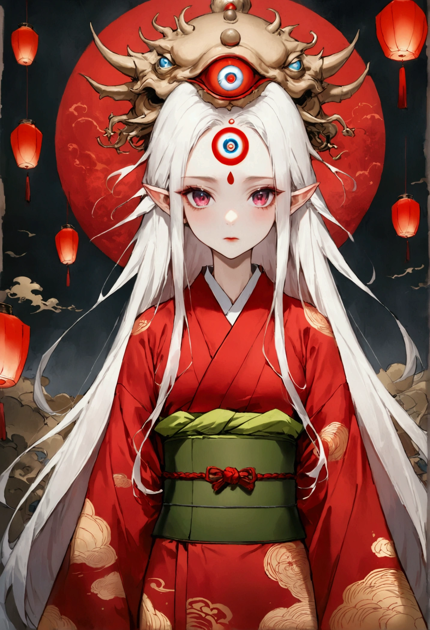 Art Illustration，Dark Style，(((Little Dragon Girl，独奏，third eye on the forehead，White long hair - long hair))),(((Gorgeous Japanese red kimono：1.6，Eye Diagram，Dark Pattern))).(((Thin waist，Greenbelt：1.37)))whole body，Paper lanterns in the sky，Kongming Lantern