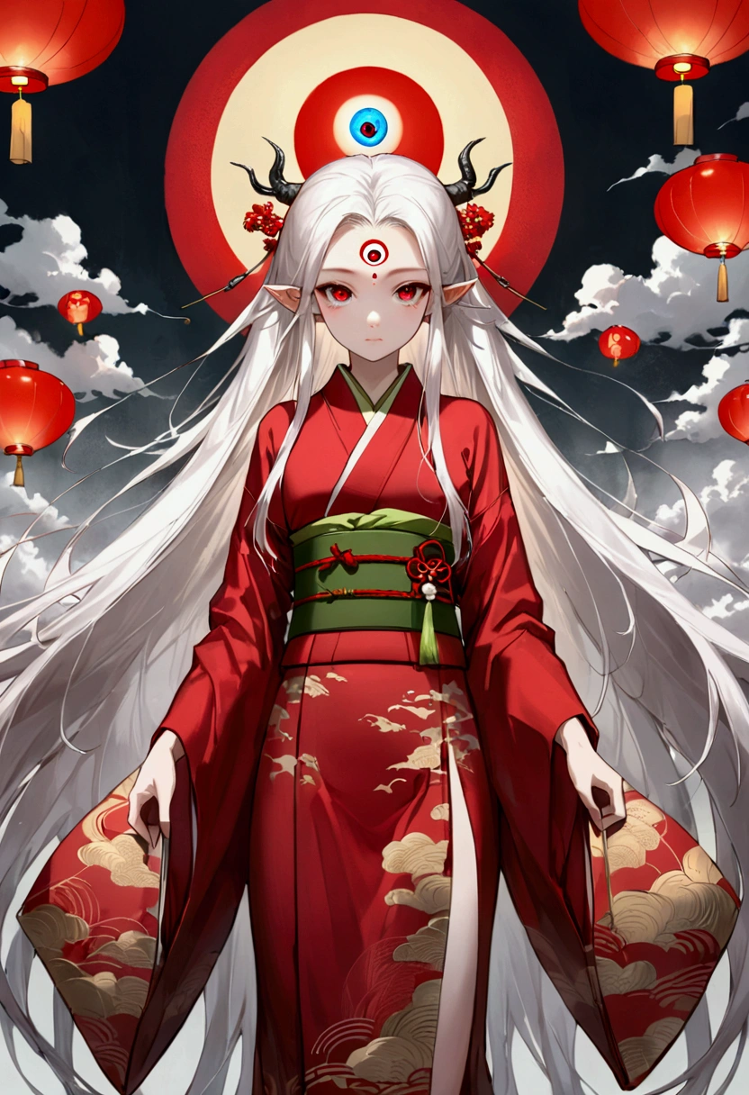 Art Illustration，Dark Style，(((Little Dragon Girl，独奏，third eye on the forehead，White long hair - long hair))),(((Gorgeous Japanese red kimono：1.6，Eye Diagram，Dark Pattern))).(((Thin waist，Greenbelt：1.37)))whole body，Paper lanterns in the sky，Kongming Lantern