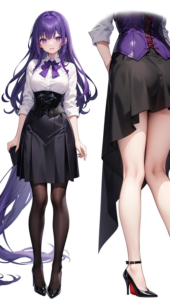 Purple Hair,Super long hair with volume,Adult female,(suit),White Y-shirt,((Rolling up his sleeves)),(corset),(Black skirt),(Slim silhouette skirt),(High heels),Heels are visible,((Simple white background)),smile,((whole body)),((full body)),Character Sheet,
