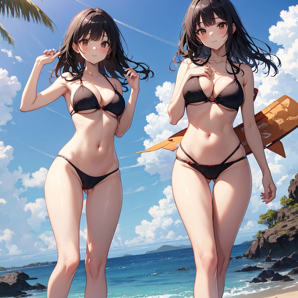 NSFW, (((Uncensored))), (((Clear picture))). high image quality, high resolution, 18 year old beautiful girl、shiny black hair、Hime cut、Brown eyes, dark eyebrows, J-cup huge breasts、172cm tall、tightened waist,、red bikini, sexy pose, Sandy Beach、Blue sky