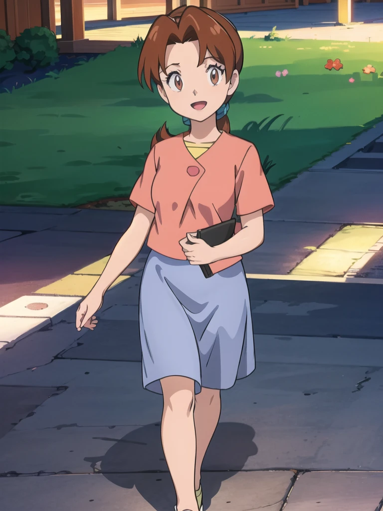 Delia_Ketchum 1girl, full body, looking at viewer, :d, open mouth, (extremely detailed CG unity 8k wallpaper), (masterpiece), (best quality), (ultra-detailed), (best illustration), (best shadow), (absurdres), finely detail, skirt, shirt, blue skirt, long skirt, pink shirt, slippers,