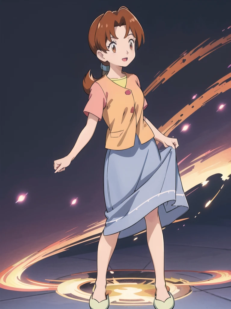 Delia_Ketchum 1girl, full body, looking at viewer, :d, open mouth, (extremely detailed CG unity 8k wallpaper), (masterpiece), (best quality), (ultra-detailed), (best illustration), (best shadow), (absurdres), finely detail, skirt, shirt, blue skirt, long skirt, pink shirt, slippers,