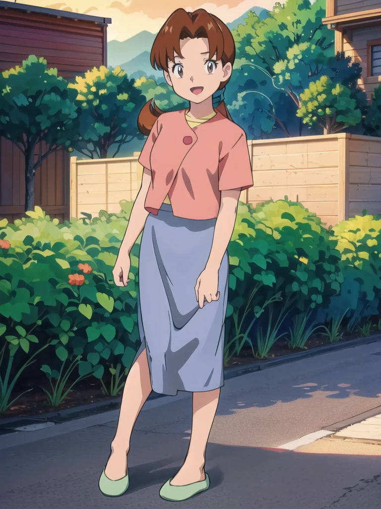 Delia_Ketchum 1girl, full body, looking at viewer, :d, open mouth, (extremely detailed CG unity 8k wallpaper), (masterpiece), (best quality), (ultra-detailed), (best illustration), (best shadow), (absurdres), finely detail, skirt, shirt, blue skirt, long skirt, pink shirt, slippers,