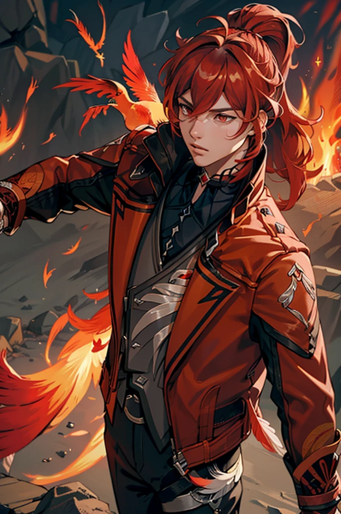 (masterpiece, best quality), 1 male, mature, aged up:1.4, tall muscular guy, broad shoulders, finely detailed eyes and detailed face, extremely detailed CG unity 8k wallpaper, intricate details, Fantasy, red hair, red flowers background,diluc (genshin impact), red eyes, ((red and orange bird feathers made of fire flying around him, lots of fire feathers)), red leather jacket, black collar, high ponytail red hair ((((flying red feathers))))