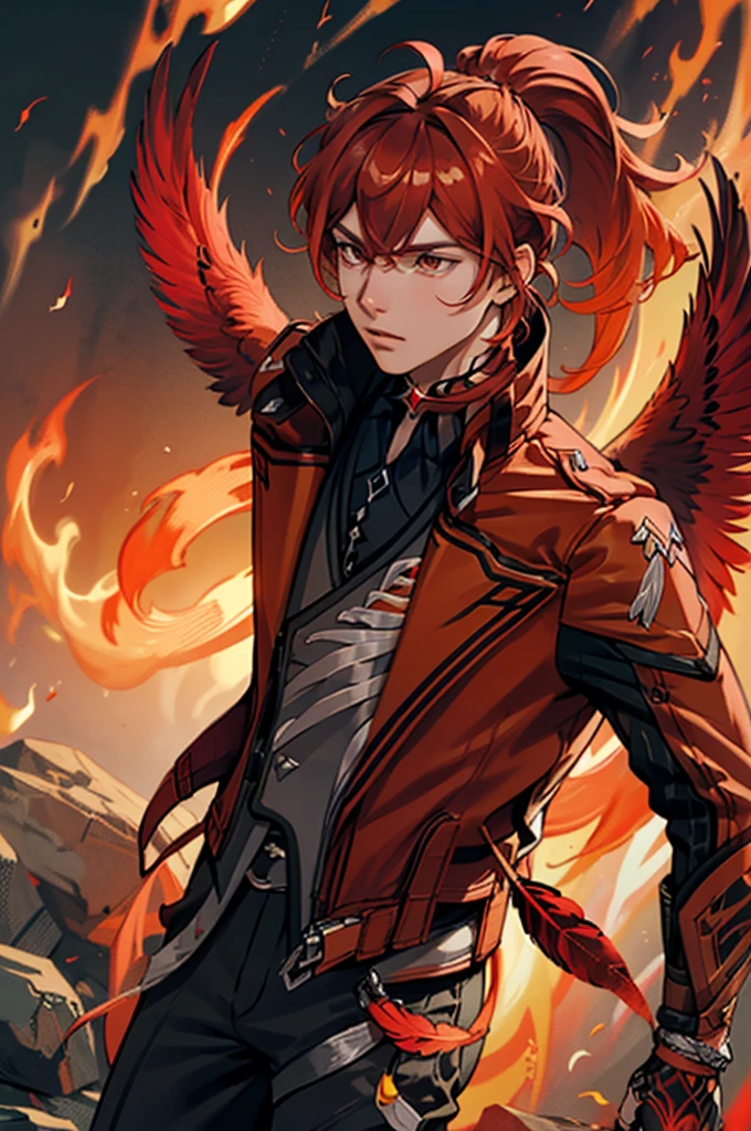 (masterpiece, best quality), 1 male, mature, aged up:1.4, tall muscular guy, broad shoulders, finely detailed eyes and detailed face, extremely detailed CG unity 8k wallpaper, intricate details, Fantasy, red hair, red flowers background,diluc (genshin impact), red eyes, ((red and orange bird feathers made of fire flying around him, lots of fire feathers)), red leather jacket, black collar, high ponytail red hair ((((flying red feathers))))