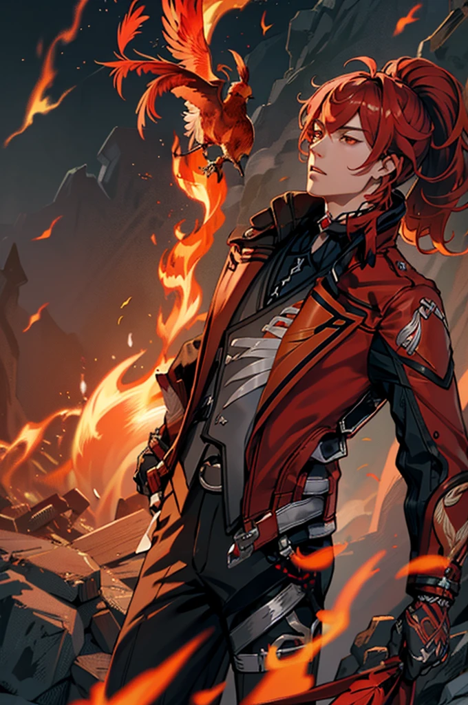 (masterpiece, best quality), 1 male, mature, aged up:1.4, tall muscular guy, broad shoulders, finely detailed eyes and detailed face, extremely detailed CG unity 8k wallpaper, intricate details, Fantasy, red hair, red flowers background,diluc (genshin impact), red eyes, ((red and orange bird feathers made of fire flying around him, lots of fire feathers)), red leather jacket, black collar, high ponytail red hair ((((flying red feathers))))