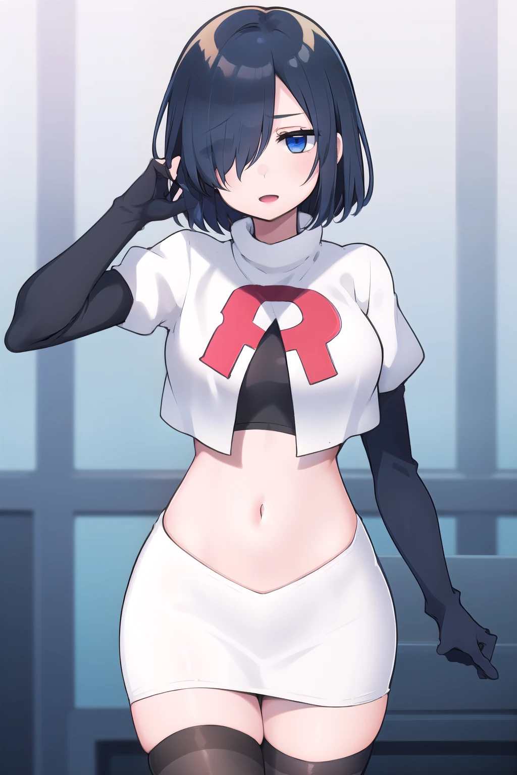 1girl,  kirishima touka, blue hair, hair over one eye, blue eyes, team rocket,team rocket uniform,white skirt,red letter R,crop top,black thigh-highs,black elbow gloves