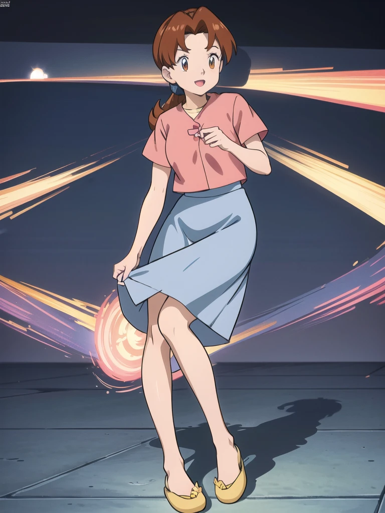 Delia_Ketchum 1girl, full body, looking at viewer, :d, open mouth, (extremely detailed CG unity 8k wallpaper), (masterpiece), (best quality), (ultra-detailed), (best illustration), (best shadow), (absurdres), finely detail, skirt, shirt, blue skirt, long skirt, pink shirt, slippers,