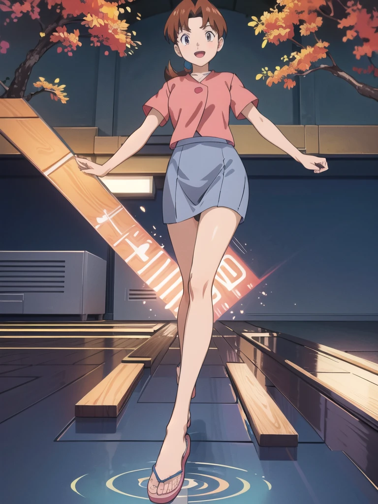 Delia_Ketchum 1girl, full body, looking at viewer, :d, open mouth, (extremely detailed CG unity 8k wallpaper), (masterpiece), (best quality), (ultra-detailed), (best illustration), (best shadow), (absurdres), finely detail, skirt, shirt, blue skirt, long skirt, pink shirt, slippers,