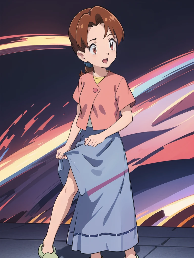 Delia_Ketchum 1girl, full body, looking at viewer, :d, open mouth, (extremely detailed CG unity 8k wallpaper), (masterpiece), (best quality), (ultra-detailed), (best illustration), (best shadow), (absurdres), finely detail, skirt, shirt, blue skirt, long skirt, pink shirt, slippers,