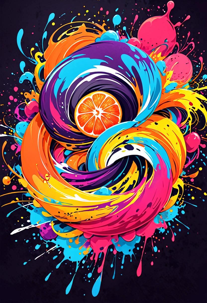 t-shirt designs, with vector art, Colorful Fruits Illustration, wild animals, At the center, swirly vibrant colors，graffiti art，ink spatter，UHD quality, details in 16k, Wild and unbridled，ink wink painting，rich and colorful，visual impact,modern aesthetic,Elegant and simple, t-shirt designs, hawaii island background