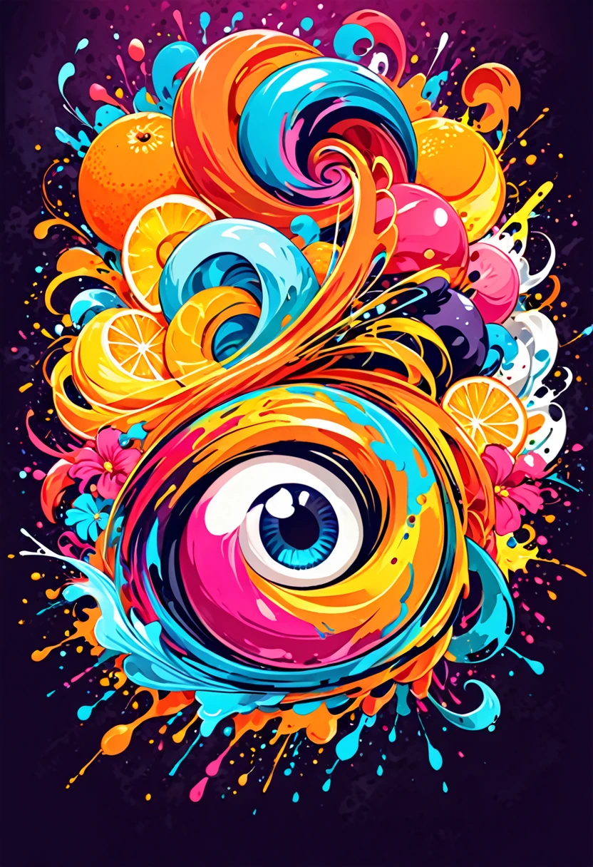 t-shirt designs, with vector art, Colorful Fruits Illustration, wild animals, At the center, swirly vibrant colors，graffiti art，ink spatter，UHD quality, details in 16k, Wild and unbridled，ink wink painting，rich and colorful，visual impact,modern aesthetic,Elegant and simple, t-shirt designs, hawaii island background