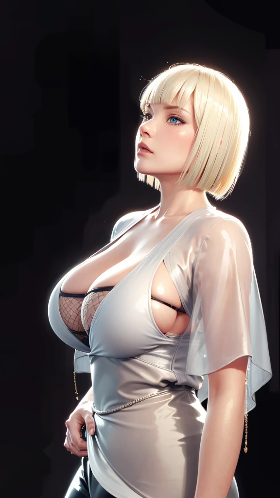 (（（Perfect body,White and tender skin,（（（BLACK KIMONO, CLEAVAGE, VAMBRACES,）））,（（（Samui, Blue eyes, blonde hair, short hair, bangs, blunt bangs,）））,((masterpiece)),high resolution, ((Best quality at best)),masterpiece,quality,Best quality,（（（ Exquisite facial features,Looking at the audience,There is light in the eyes,blush,Happy,lol）））,Look up at the sky，from the side）））,（（（Light and shadow,Huge breasts）））,（（（Looking at the camera,black background,)））),