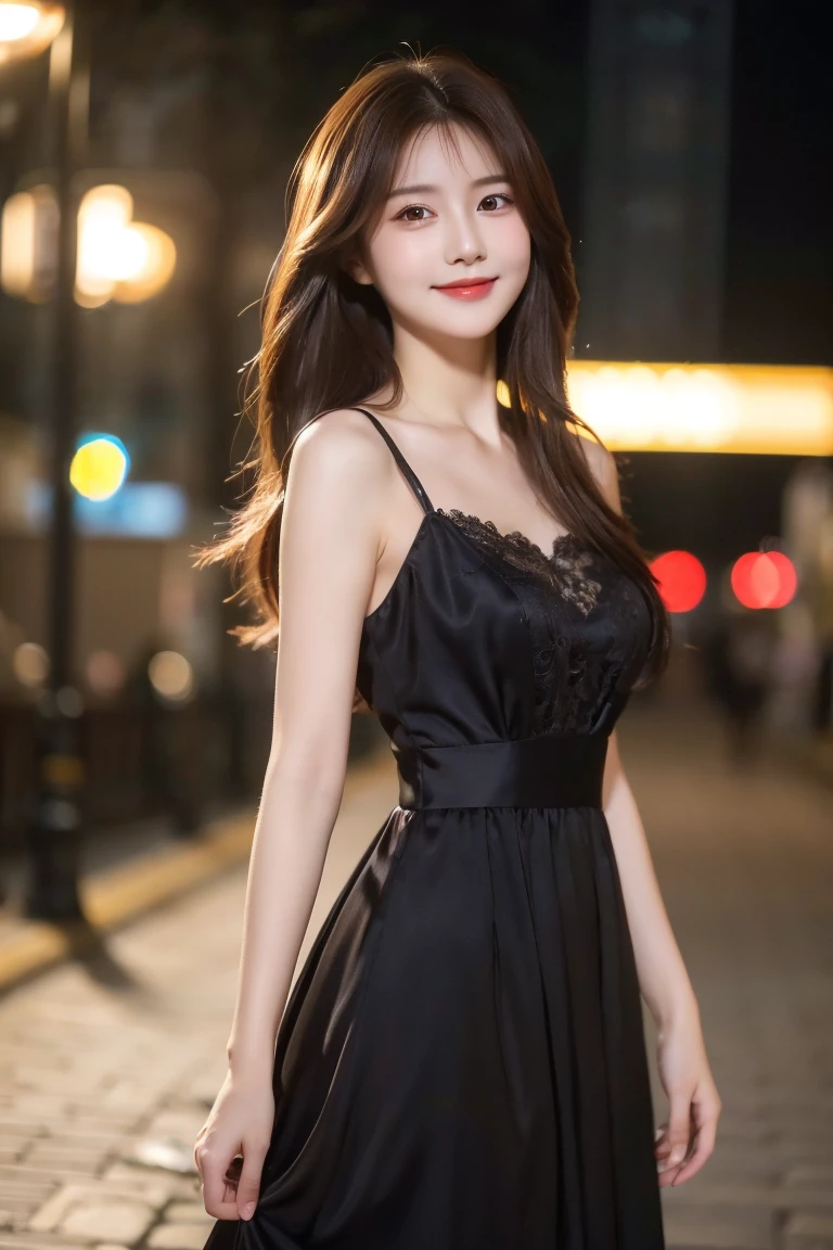 ((best quality, 8k, masterpiece :1.3)), 1 girl, smiling, whole body, face slimming, pretty Woman, (Dark brown hair), full length dress :1.1, Super detailed faces, delicate eyes, double eyelids, blurred background, face slimming, City, external, street,