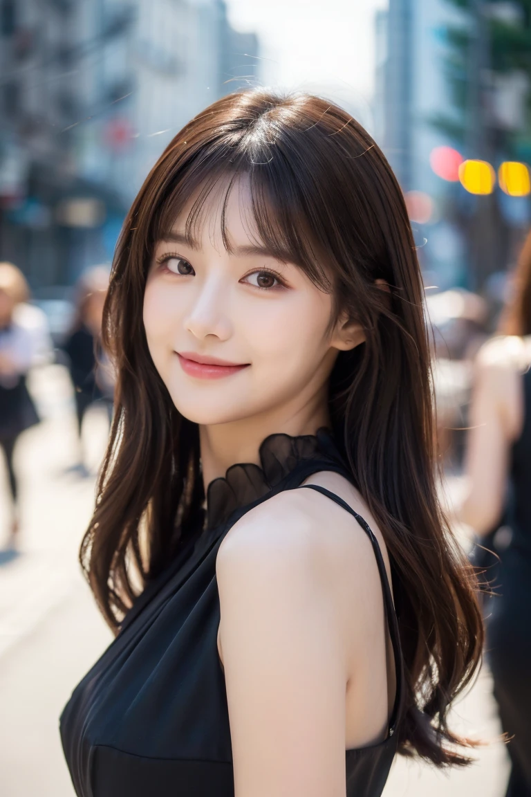 ((best quality, 8k, masterpiece :1.3)), 1 girl, smiling, whole body, face slimming, pretty Woman, (Dark brown hair), full length dress :1.1, Super detailed faces, delicate eyes, double eyelids, blurred background, face slimming, City, external, street,