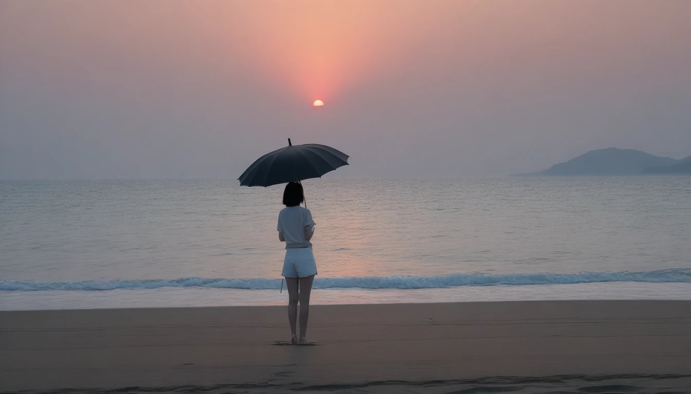 8k, Vivid picture quality, long deserted beach, looking at the sea from afar, short hair woman, tower, White shorts, red light of sunset, alone, afternoon, depressed, tide가 밀려온다, ocean, tide, black umbrella , wind, short korean girl, black umbrella