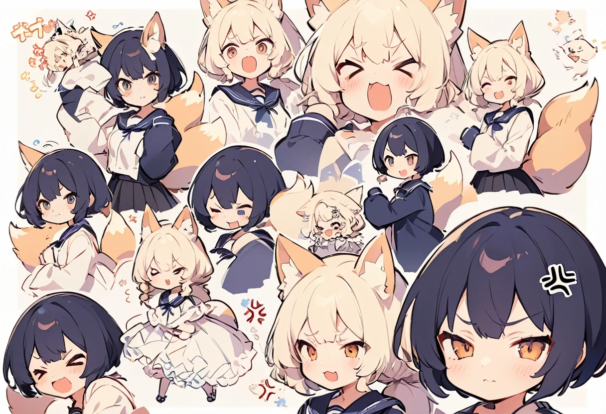 Anime, two heads, cute fox girl, character sheet, multiple poses and expressions, fashionable clothes, illustration, white background, joy, anger, sadness, impatience,