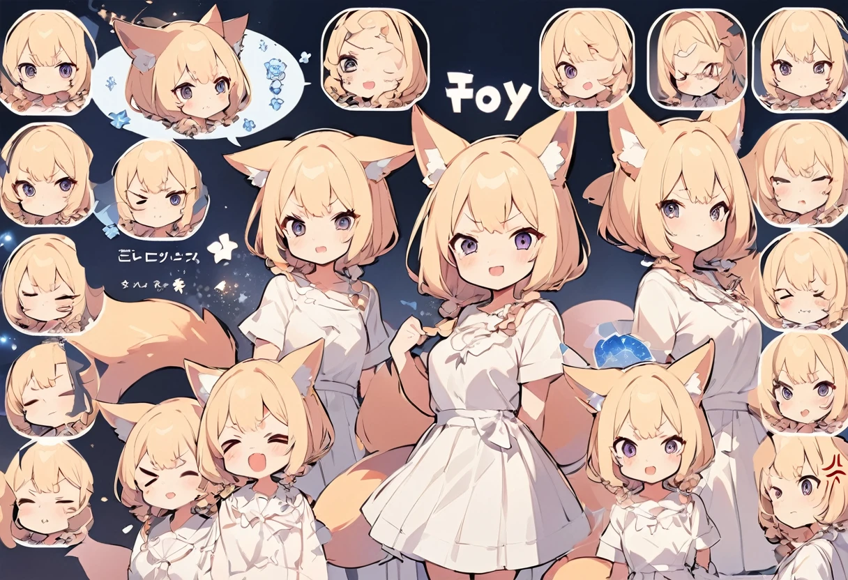 Anime, two heads, cute fox girl, character sheet, multiple poses and expressions, fashionable clothes, illustration, white background, joy, anger, sadness, impatience,