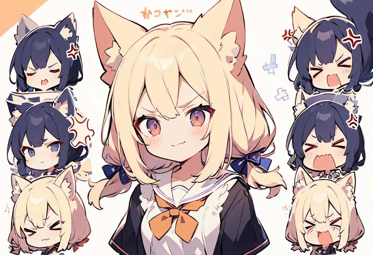 Anime, two heads, cute fox girl, character sheet, multiple poses and expressions, fashionable clothes, illustration, white background, joy, anger, sadness, impatience,