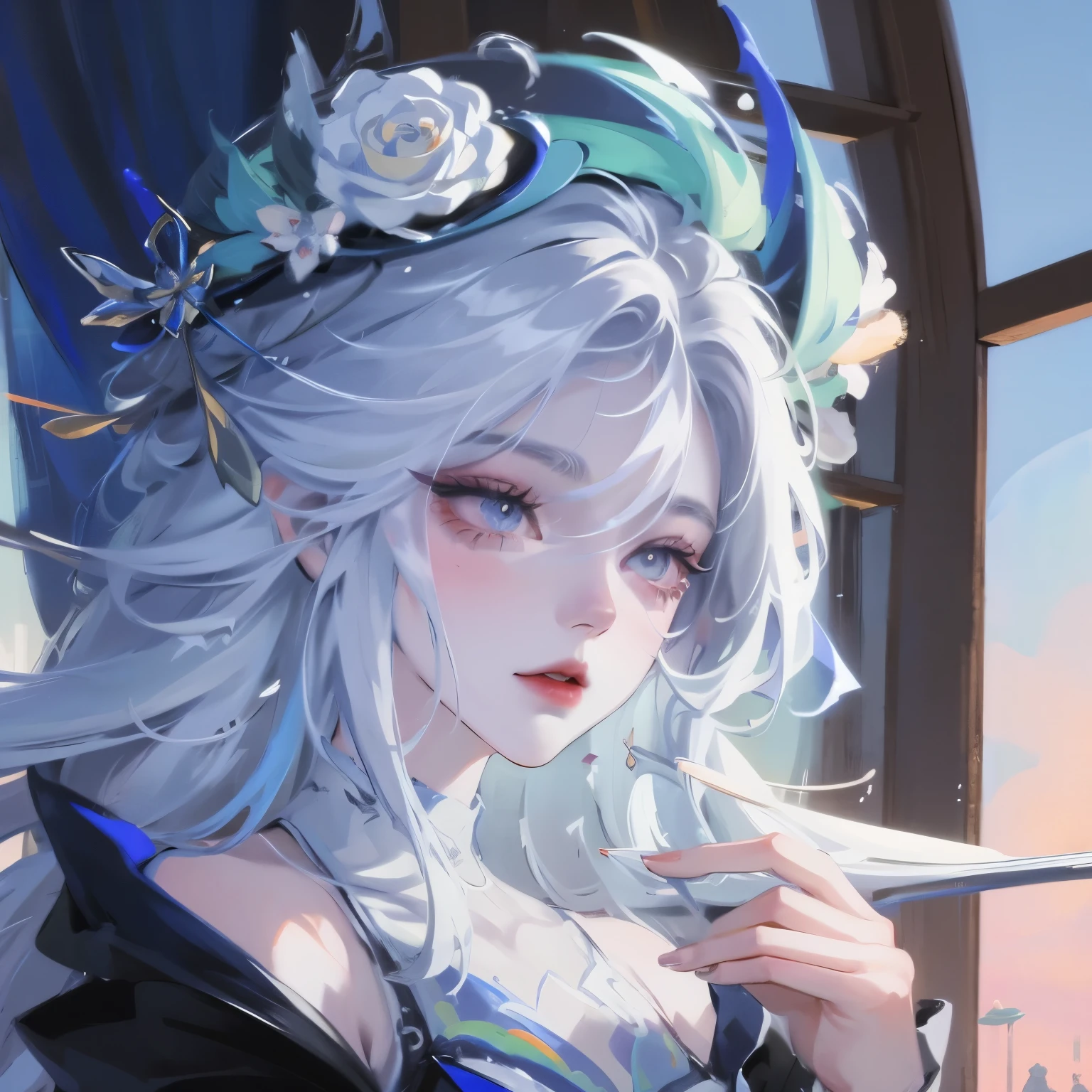 masterpiece, best quality, 4K, Ultra HD, Sanzhuang City, , Beautiful eyes and delicate face, illustration, Exquisite and detailed, high resolution illustration, Luminescence_White_particle, 1 Girl, White hair, Lilac eyes, Hair covering one eye, Short side details, Baseball cap,Poker face, curtain, Black jacket, Chest hanging, Cyberpunk, Technical clothing,(Impressionism:1.4)