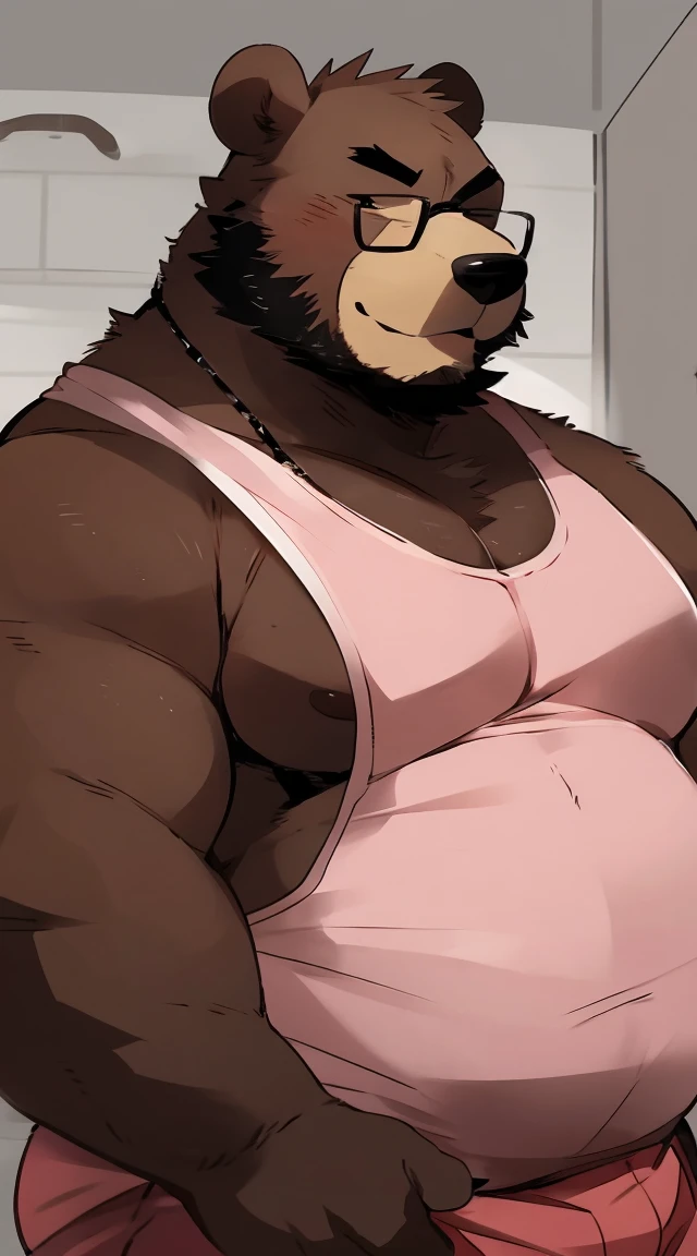 Chubby, furry,male , anthro bear, very plump, middle aged , mouth covered mustache,Thick beard, seductive , detailed , half body , tight tank top, extremely hot and sexy, eye closed, by hyaku ,by darkgem, by glitter trap boy, wearing circular glasses, wearing pink shirt, by jumping bear