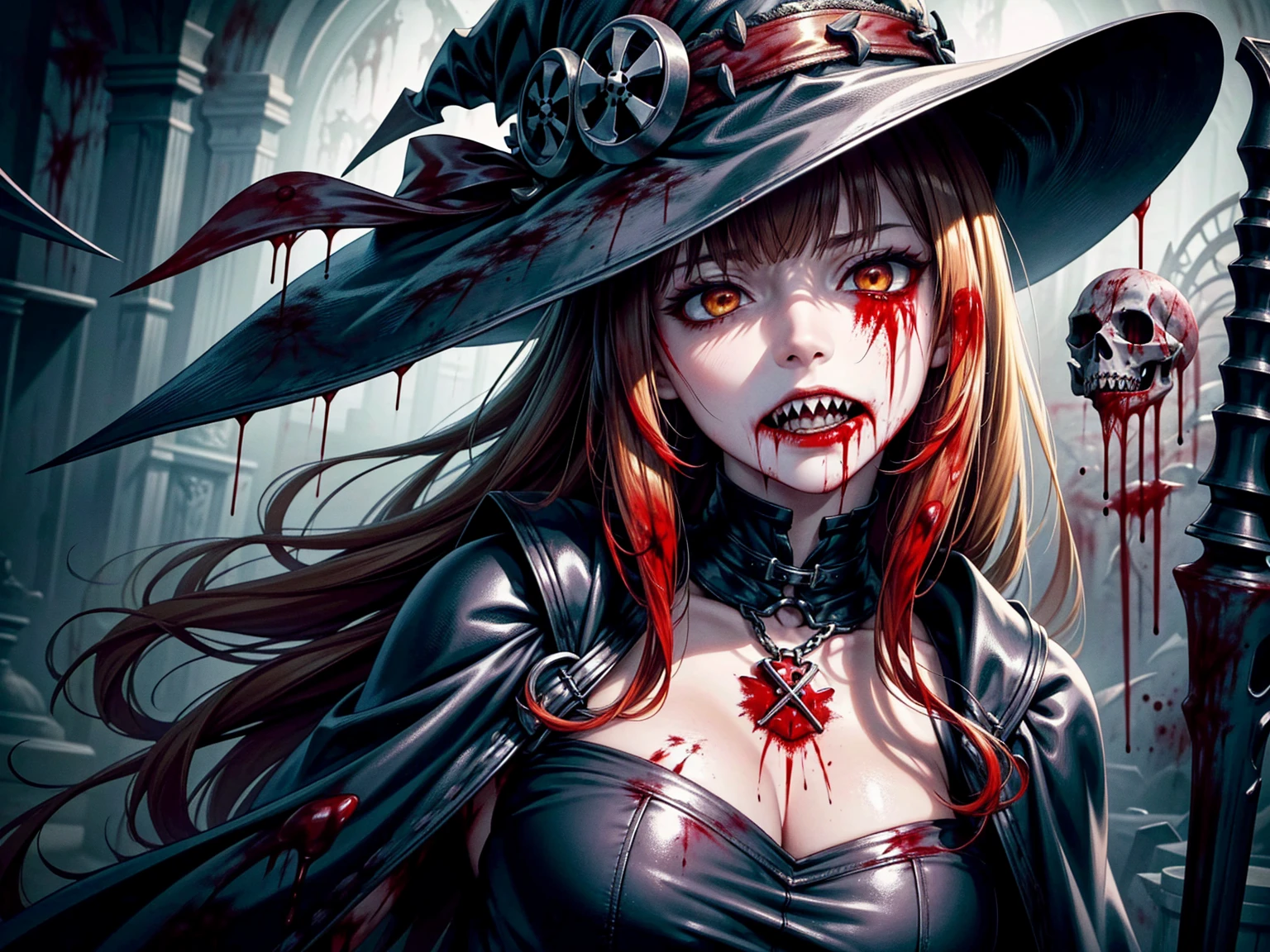 (8k, RAW Photos, Highest quality, masterpiece:1.2),(Realistic, photo-Realistic),Photo Background,face only photo,Drawing only the face,Face Up,Face Shot,Scythe Face,Girl Monster, slave,beautiful, Detailed portrait, Delicate facial features, Sharp Eye, Sharp Fangs, Pale skin, Thick Chain, Dark Background, Cinema Lighting, Dramatic Shadows, Gothic style, Gloomy atmosphere, Dark fantasy, One girl, , Open your mouth wide, Open your mouth and baring your teeth,Sharp teeth like a beast, Wide lips, very wide mouth, Vermilion cheeks, ,(Blood splatter:1.6),Scary face, Laughter, ((flowing golden hair)), Witch design, Twisted smile、Bloodstained、bleeding from the head,、Blood splatter、,(Blood splatter:1.6),Crossbones, skull, , Horror Style,
