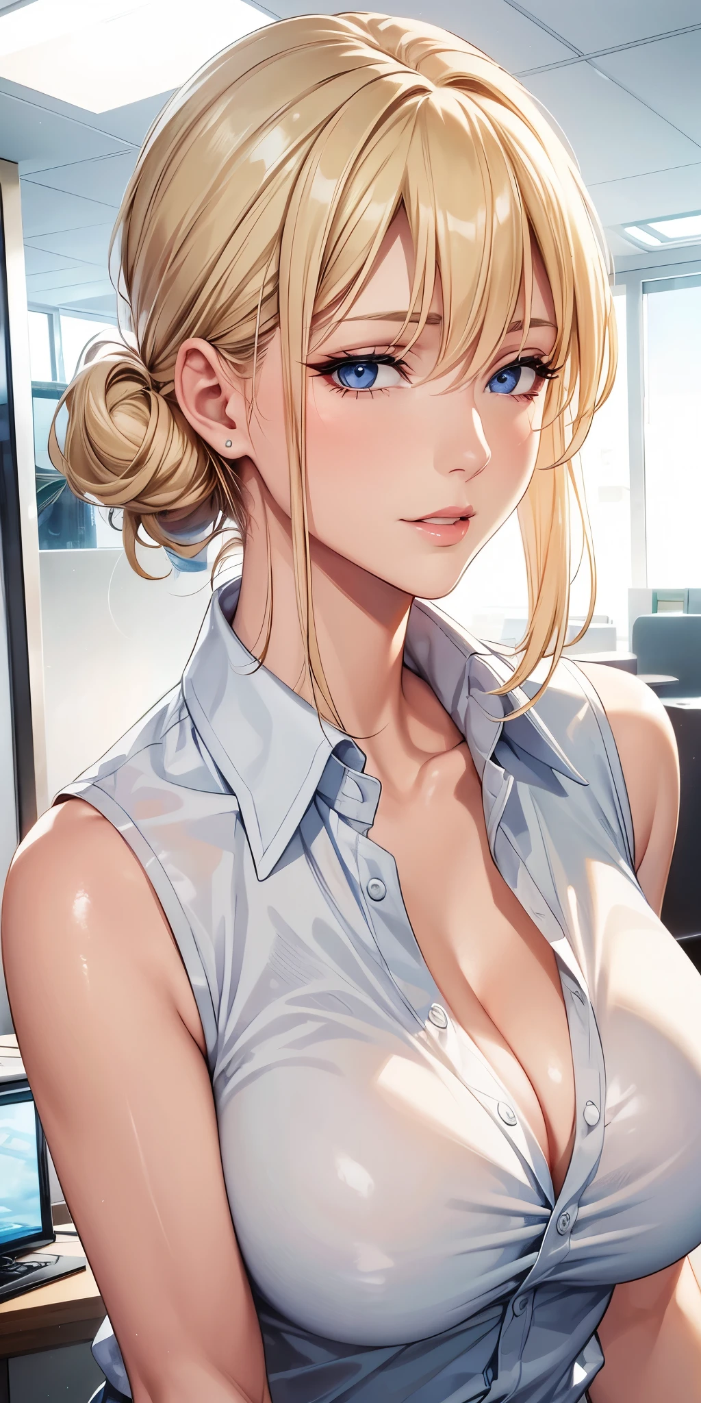 Elegant mature woman, milf, blue eyes, blonde hair, soft light, 4k resolution, high quality, beautiful cg