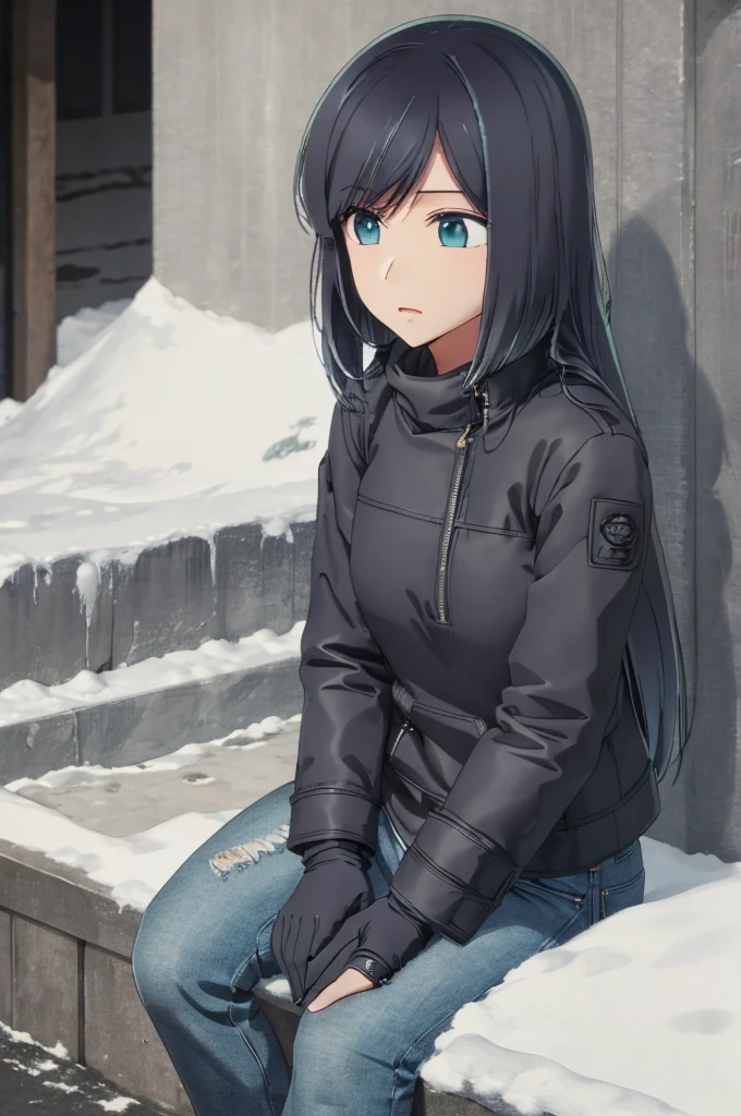 girl, jeans, black puffer jacket, black gloves, street, scared, snow, sit