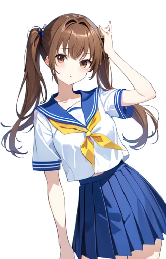 ((Highest quality)), ((masterpiece)), (detailed), ((One Girl))、(middle School girls)、((A photo showing your thighs to the top of your head))、(Standing straight, facing the camera)、School uniforms、Sailor suit、Pleated skirt、Brown Hair、Brown eyes、Twin tail hair、Young face、low length、Slender figure、Small breasts、White background