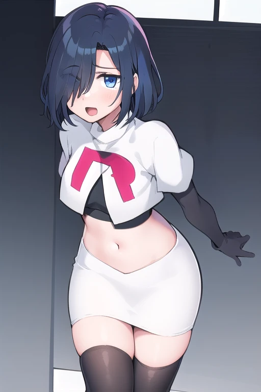 1girl, kirishima touka, blue hair, hair over one eye, blue eyes, team rocket,team rocket uniform,white skirt,red letter R,crop top,black thigh-highs,black elbow gloves