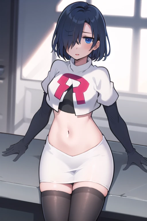 1girl,  kirishima touka, blue hair, hair over one eye, blue eyes, team rocket,team rocket uniform,white skirt,red letter R,crop top,black thigh-highs,black elbow gloves