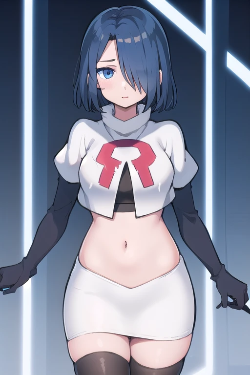 1girl,  kirishima touka, blue hair, hair over one eye, blue eyes, team rocket,team rocket uniform,white skirt,red letter R,crop top,black thigh-highs,black elbow gloves