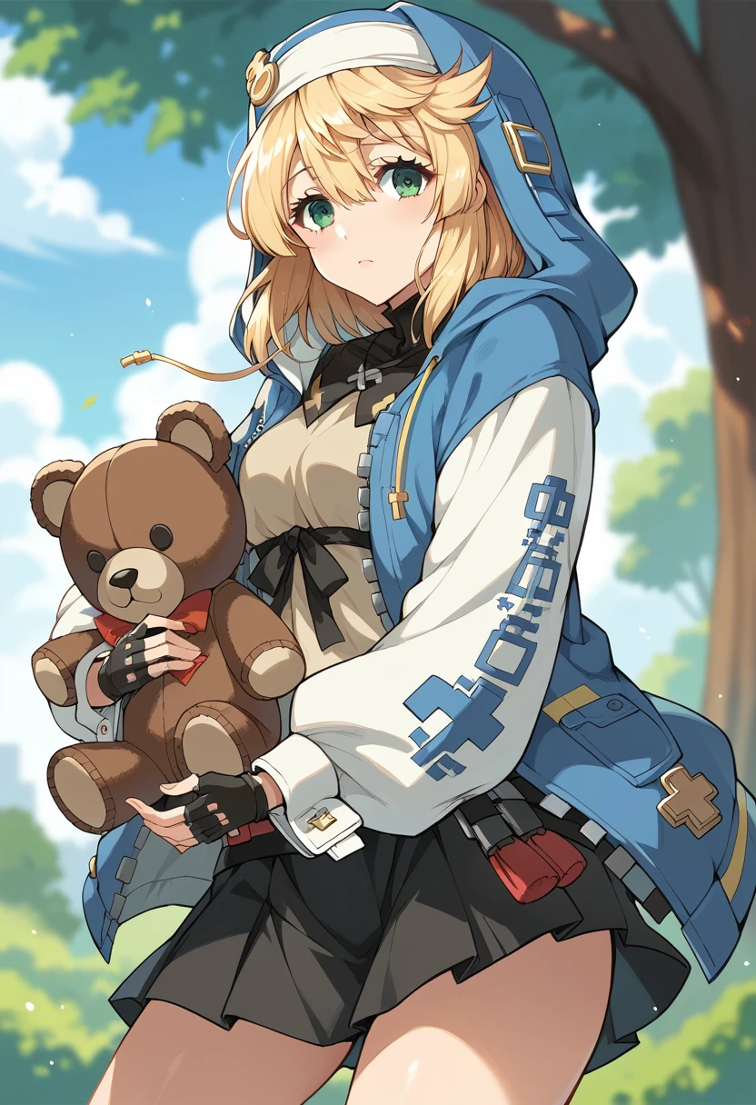 score_9,score_8_up,score_7_up,source_anime,cowboy shot,Idealized Forms,Natural Light,details background,blurry background,extremely detailed,1girl,1girl,a cartoon woman is holding a teddy bear and is about to drop it and it is falling, bridget (guilty gear), 1boy, male focus, otoko no ko, stuffed toy, stuffed animal, blonde hair, teddy bear, gloves,fingerless gloves,hood, jacket,green eyes,skirt,solo,cuffs