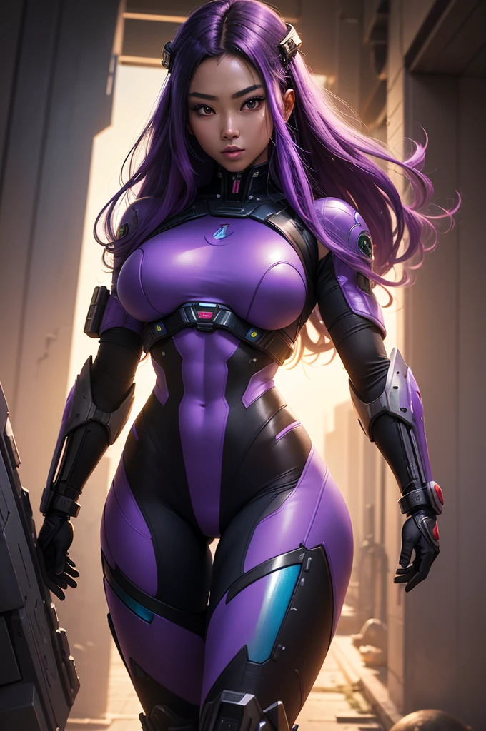 Beautiful Caucasian woman. Slim body. Just one woman. Alone. Only one person in the picture. Western woman. Long hair with 1 braid. Purple hair. Bright purple eyes. Woman doing a sexy Mega Man X cosplay. Her outfit is blue and is a sensual version of the Mega Man X outfit. The woman is in a futuristic city during the day. The place is full of plants and holographic monitors in the windows of the buildings. Dynamic light. Dynamic shadows. High resolution. Detailed.